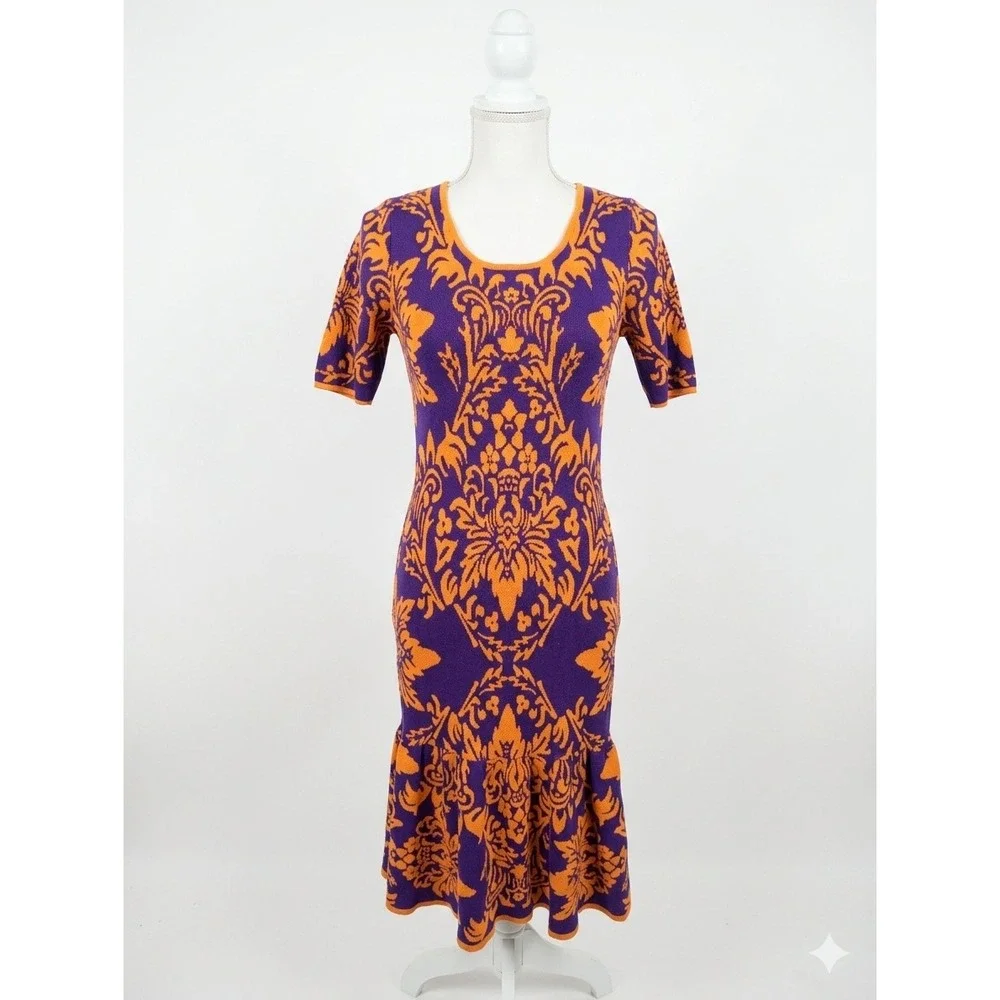Jealous Tomato Purple Orange Damask Knit Mermaid Midi Dress JSH1547 Womens M